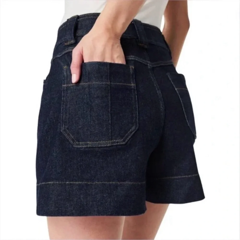 SPANX Dark Wash High Rise Denim Shorts Shaping Wide Leg Size S
